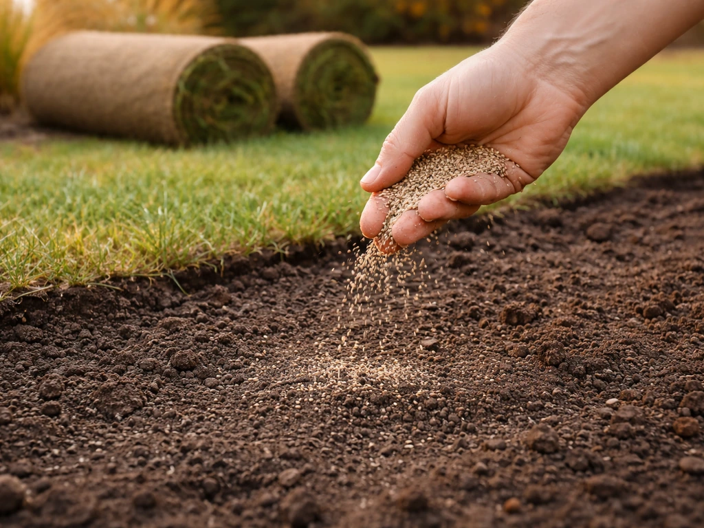 Close-up of a hand seeding cool-season grass on soil during early fall, with sod rolls nearby