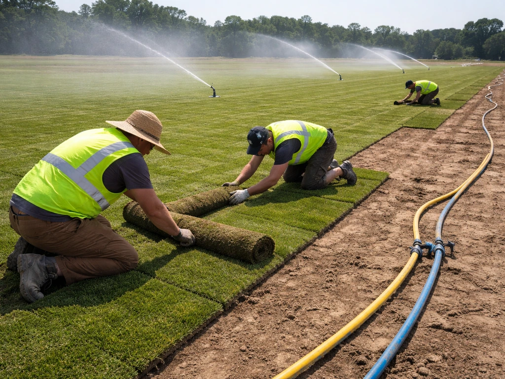 Workers installing irrigation and laying sod on a large commercial turf field in natural daylight.