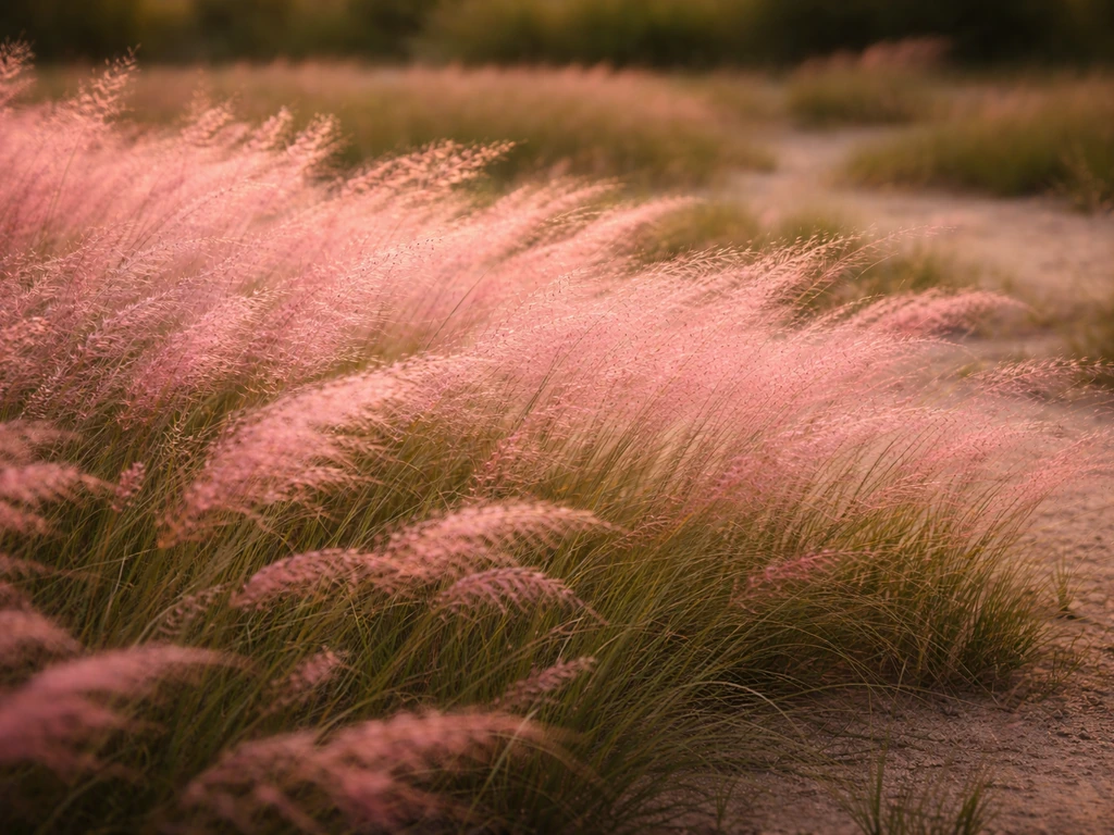 Wide landscape view of blooming pink muhly grass with airy pink plumes over natural soil.