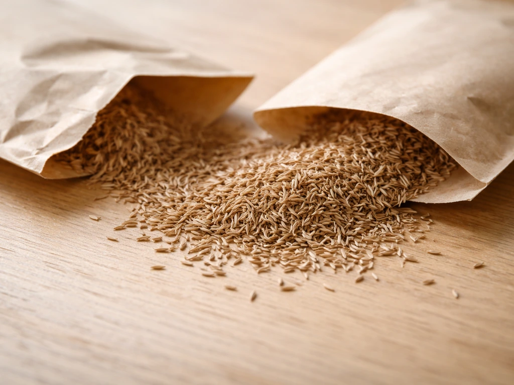 Muhly grass seed packets with loose seed grains scattered on a wooden work surface.