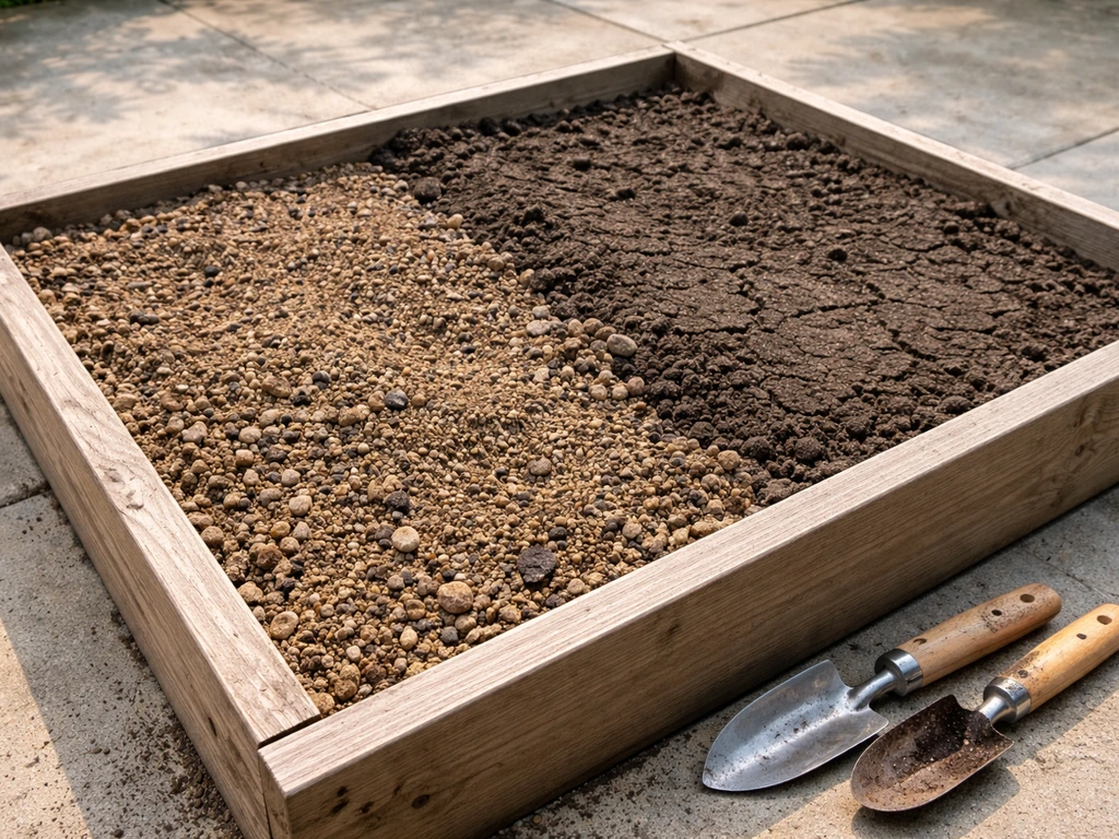 Raised container bed with gritty well-draining soil mix and coarse sand contrasted with compacted clay soil.