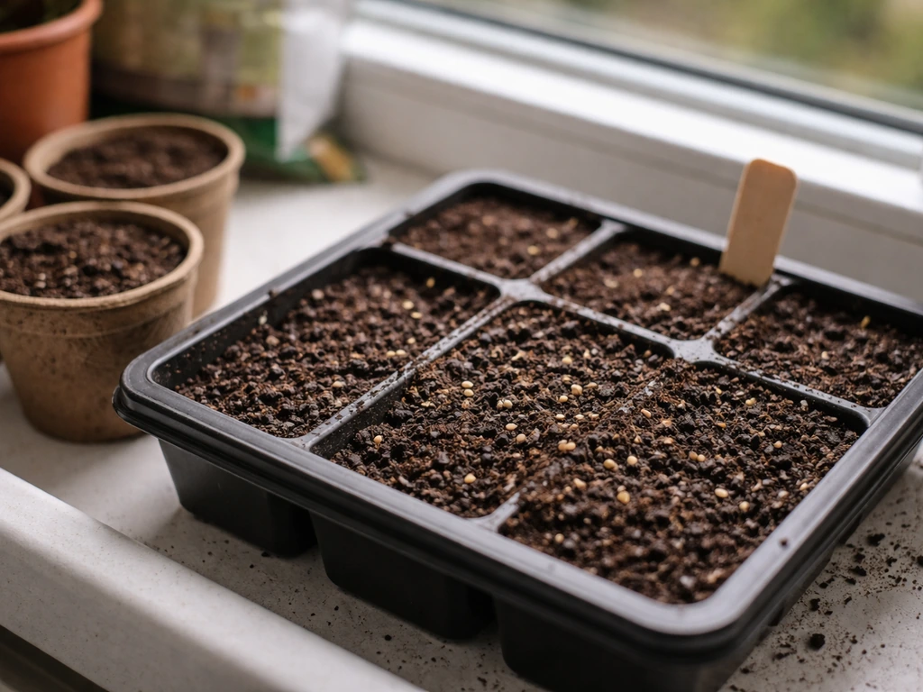 Damp seed-starting trays with a few seeds scattered on top beside small plain garden tags.