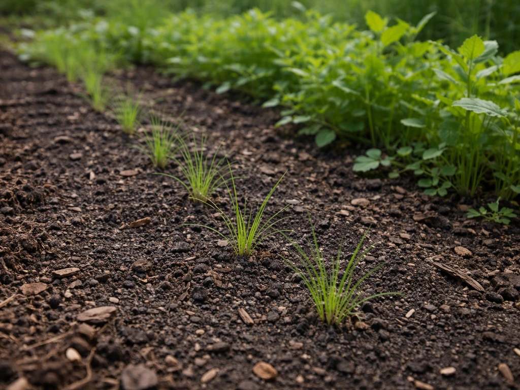 Close-up of spaced muhly seedlings contrasted with denser young weeds in a small soil patch.