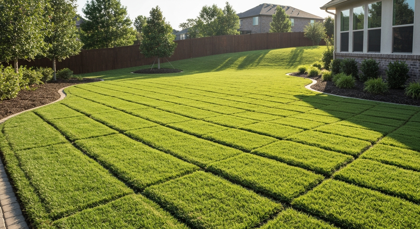 Freshly installed Bermuda grass sod in a sunny suburban yard with tightly butted seams and neat edges.