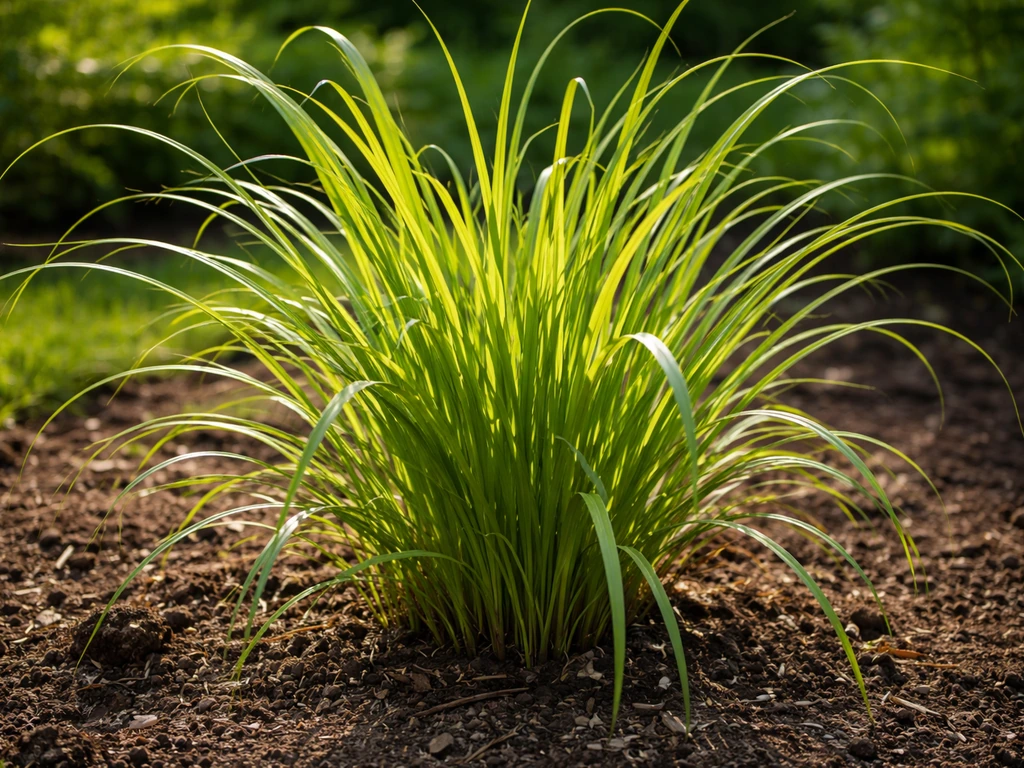 Sunlit citronella grass clump in a garden bed with visible stems and healthy green leaves.