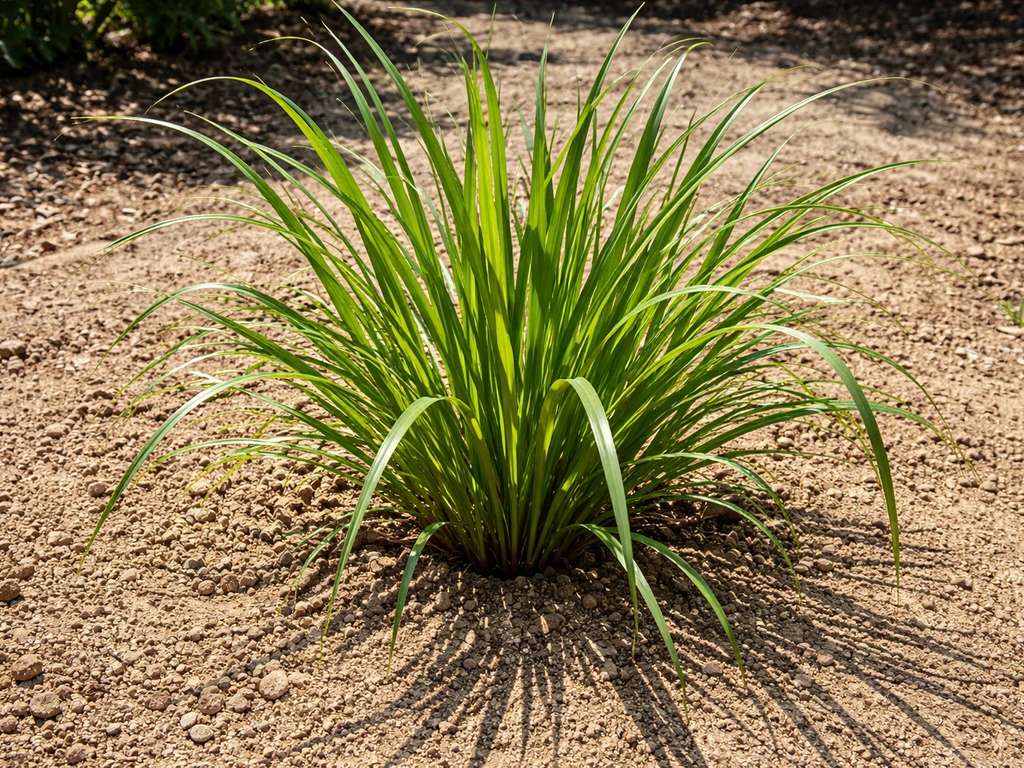 Citronella grass in a sunny garden bed with dry, well-draining soil and healthy upright leaves