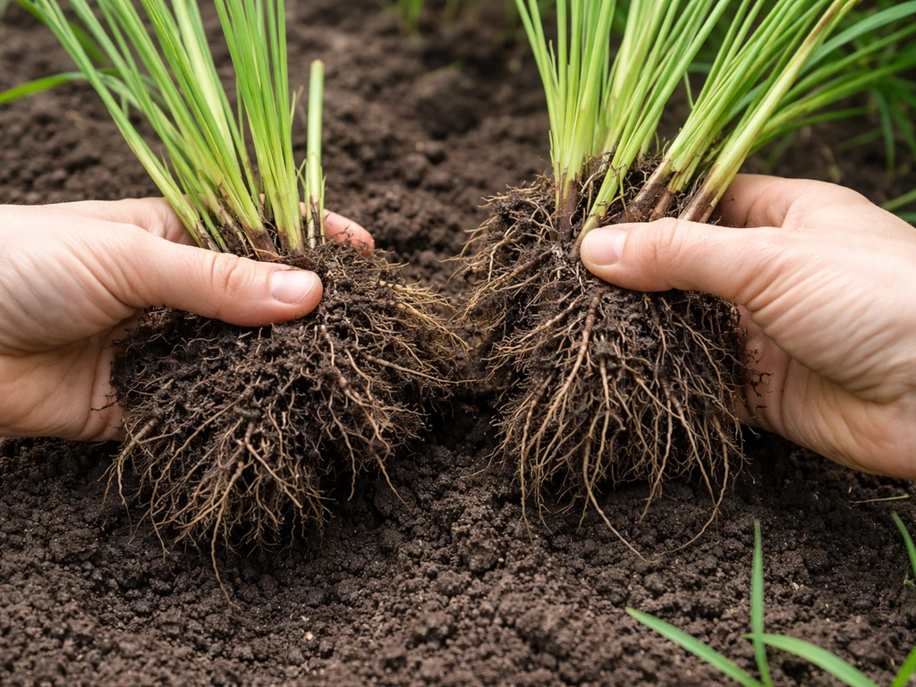 Hands dividing a citronella grass clump into sections, with roots and shoots visible over soil.