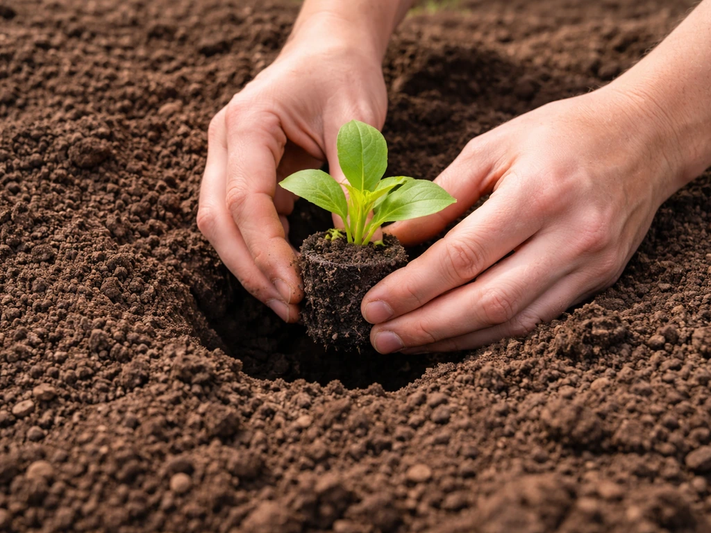 Hands placing a plant plug into a prepared garden bed with loosened soil and visible compost.