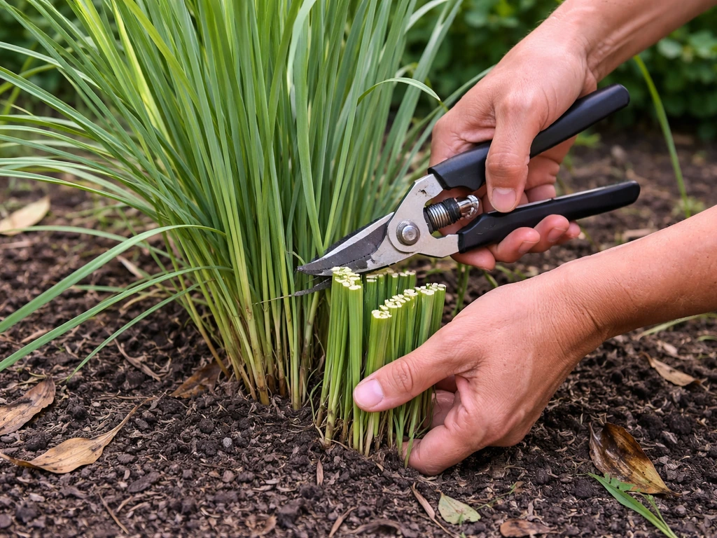 Hands using garden shears to trim ragged citronella grass stems to an even height in a small yard.