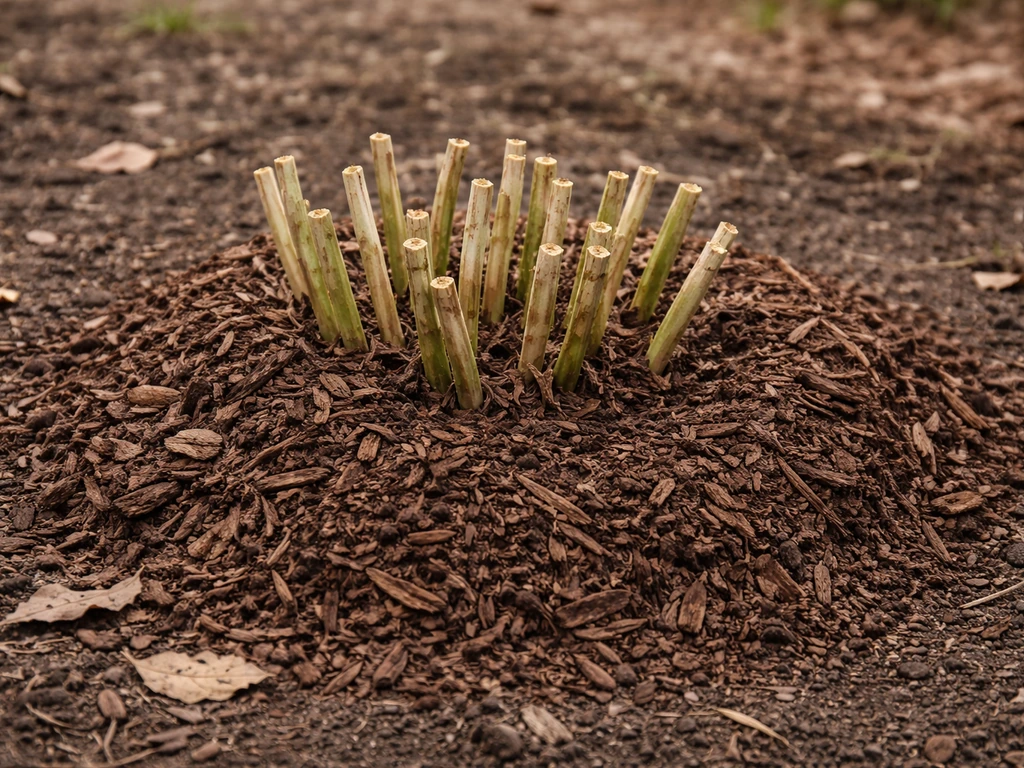 Citronella plant in the ground with cut-back stems and thick mulch over the crown for overwintering.