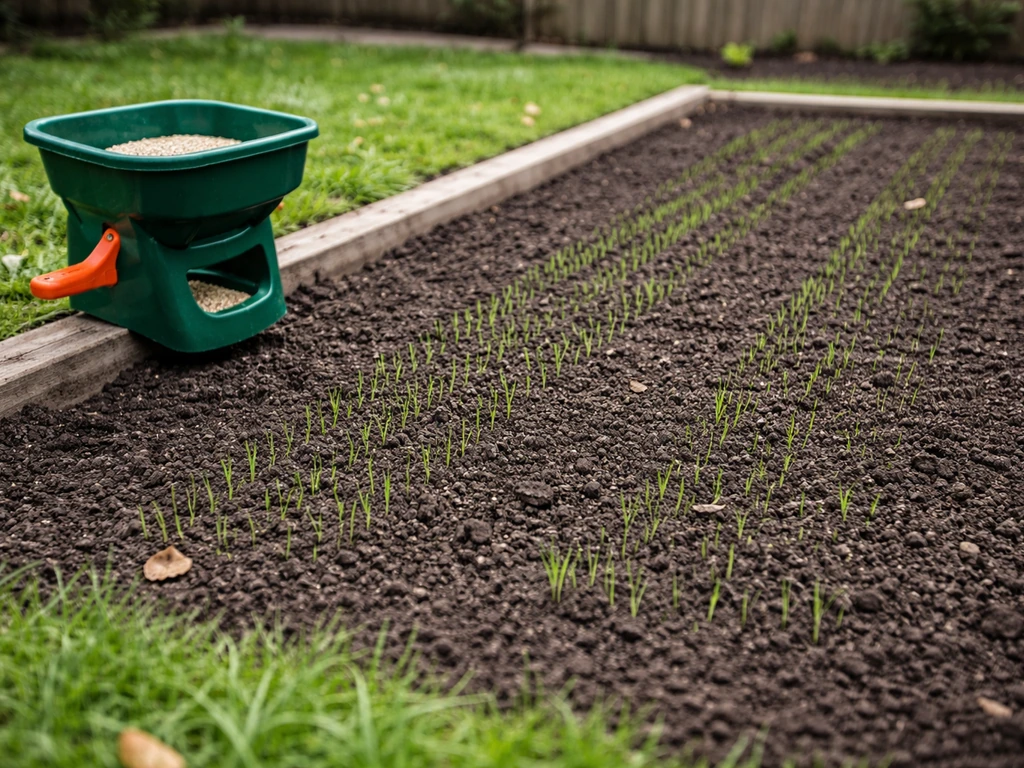 Prepared yard bed with seed spreader and fresh soil as new pet-grass seedlings emerge