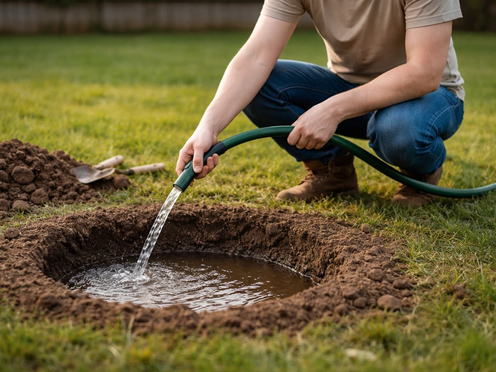 Homeowner digging a small yard hole and filling it with water to check how fast it drains.