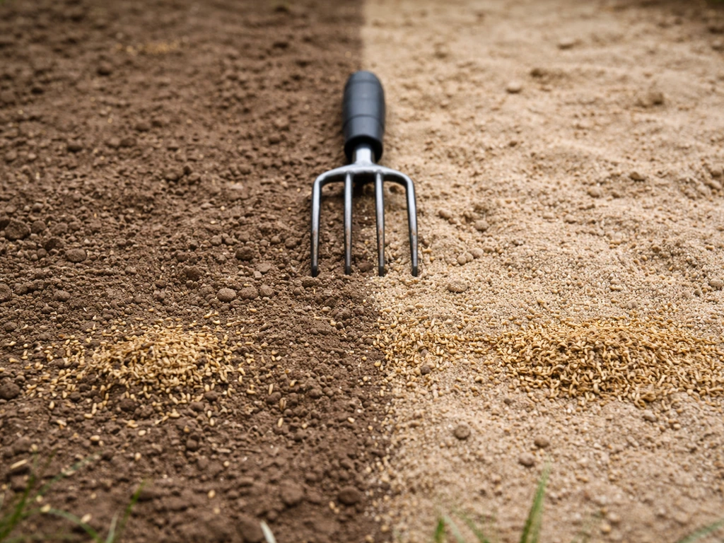 Split view of compacted clay and fast-draining sandy soil with simple aeration and top-dress setup