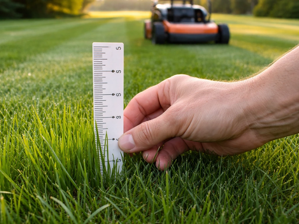 Hand measuring tall pet grass blades near 3.5–4 inches with fresh mower stripes behind.