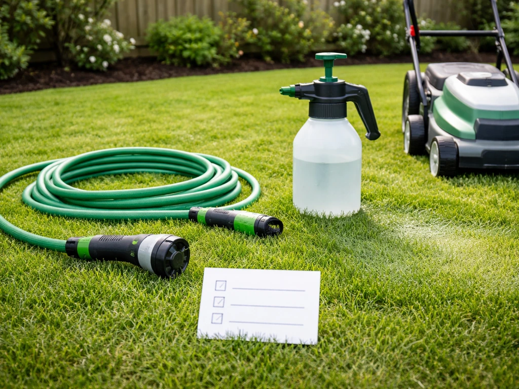 Minimal photo of garden lawn tools and a small checklist-style card beside a green pet-friendly lawn