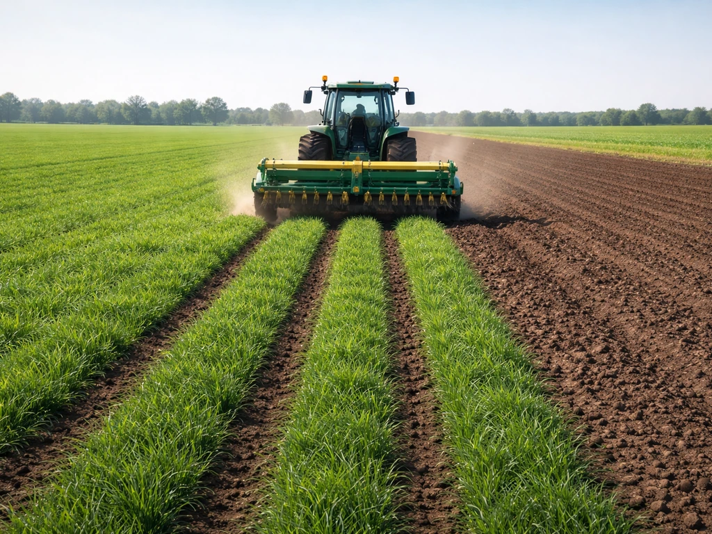 In-game tractor planting a neatly growing grass field in FS22 with fresh green rows in view.