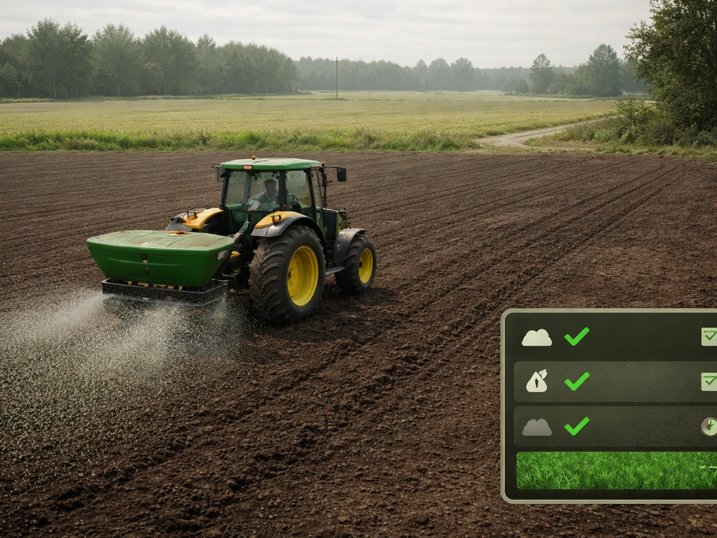 FS22-style farm field ready for seeding, showing plowed soil with fresh grass seed coverage.