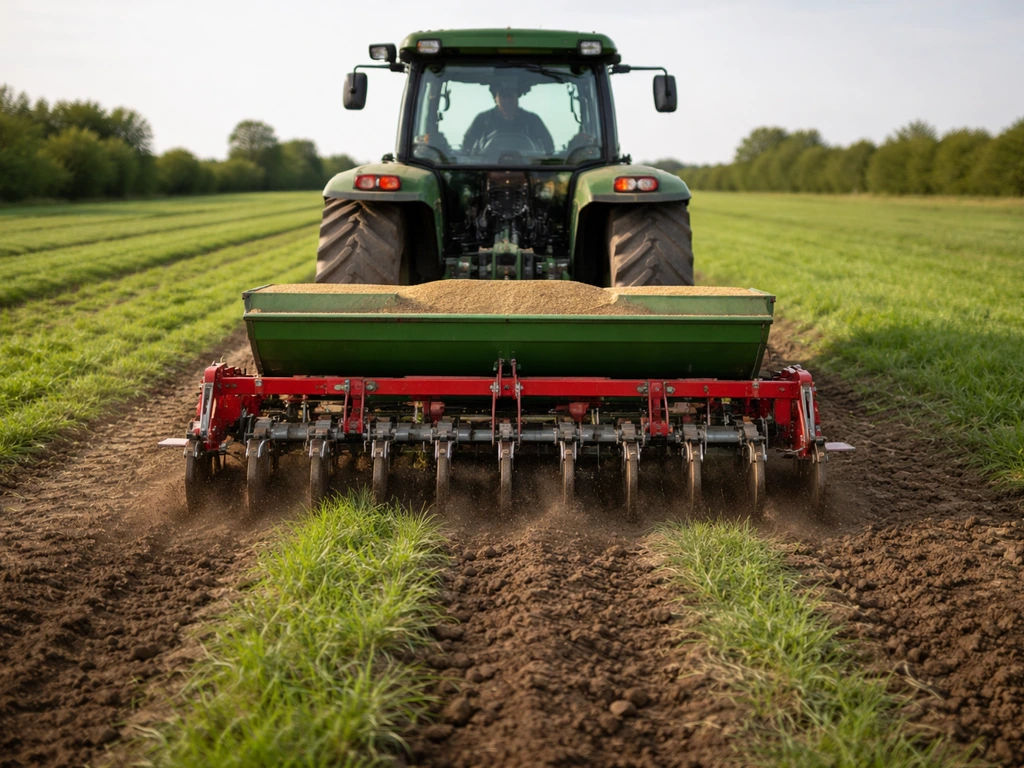 Tractor pulling a seeder in a field, ready to sow grass in a calm, rural setup.