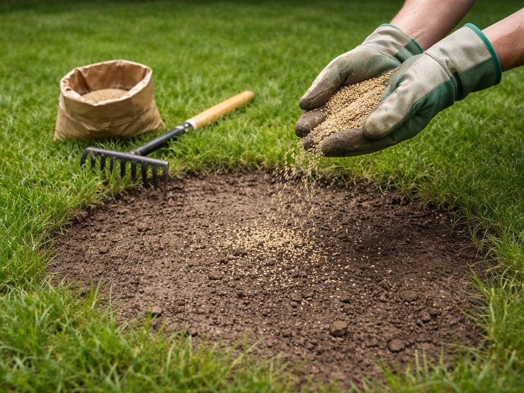 Gardener’s gloved hands sprinkle grass seed over a bare patch starting to show new sprouts.