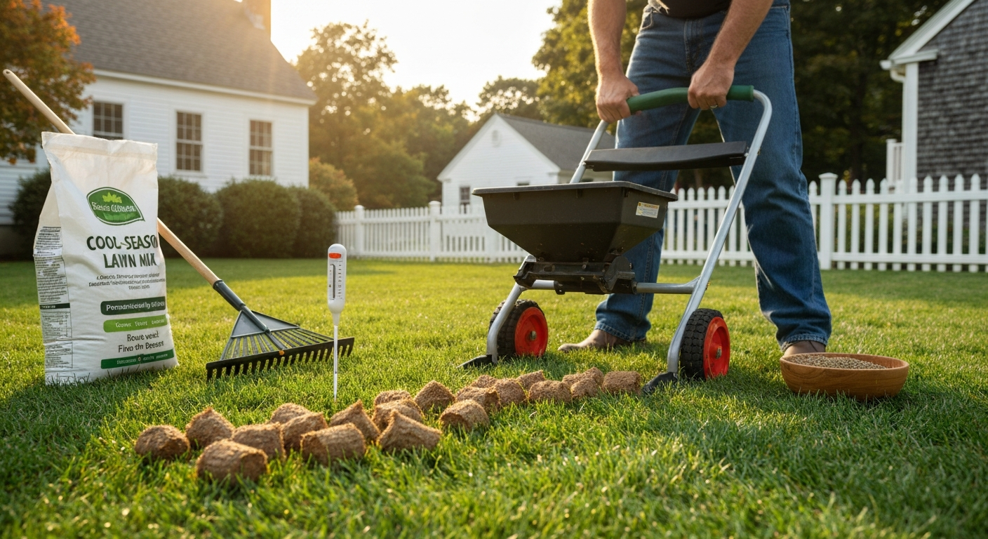 Homeowner spreading cool‑season grass seed on a freshly aerated New England lawn in late summer, with seed bag, soil thermometer, and core plugs visible.