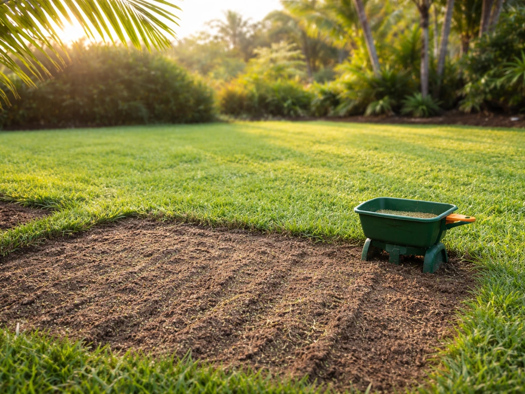 Warm Hawaiian backyard lawn with newly seeded patch transitioning toward healthy green grass.
