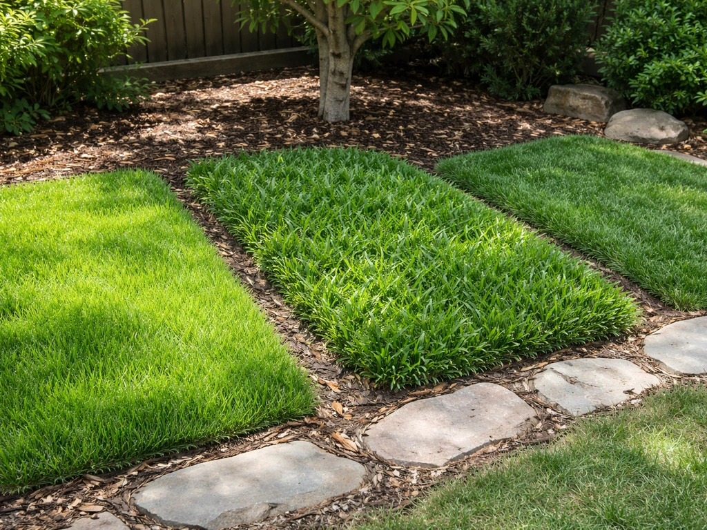 Three small lawn patches showing different grass textures under sun and shade conditions.