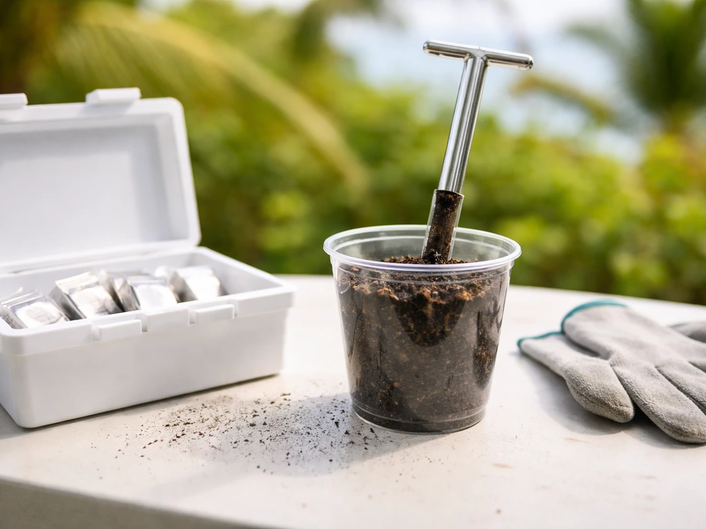 Close-up of Hawaii soil test kit items and a small soil sample on a clean work surface
