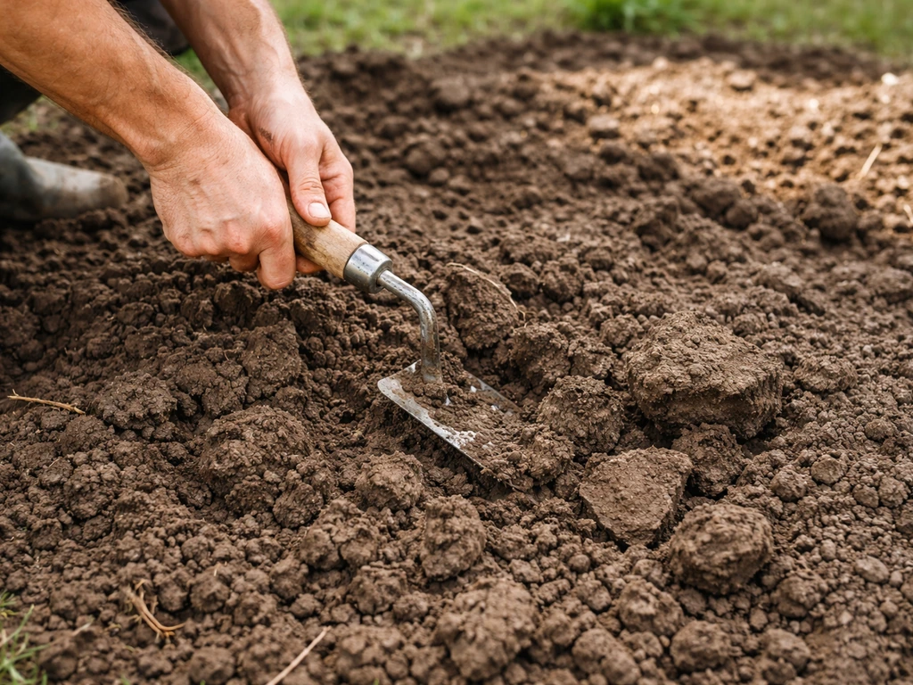 Garden worker tilling compacted clay soil with a hand tool, soil being loosened for better drainage