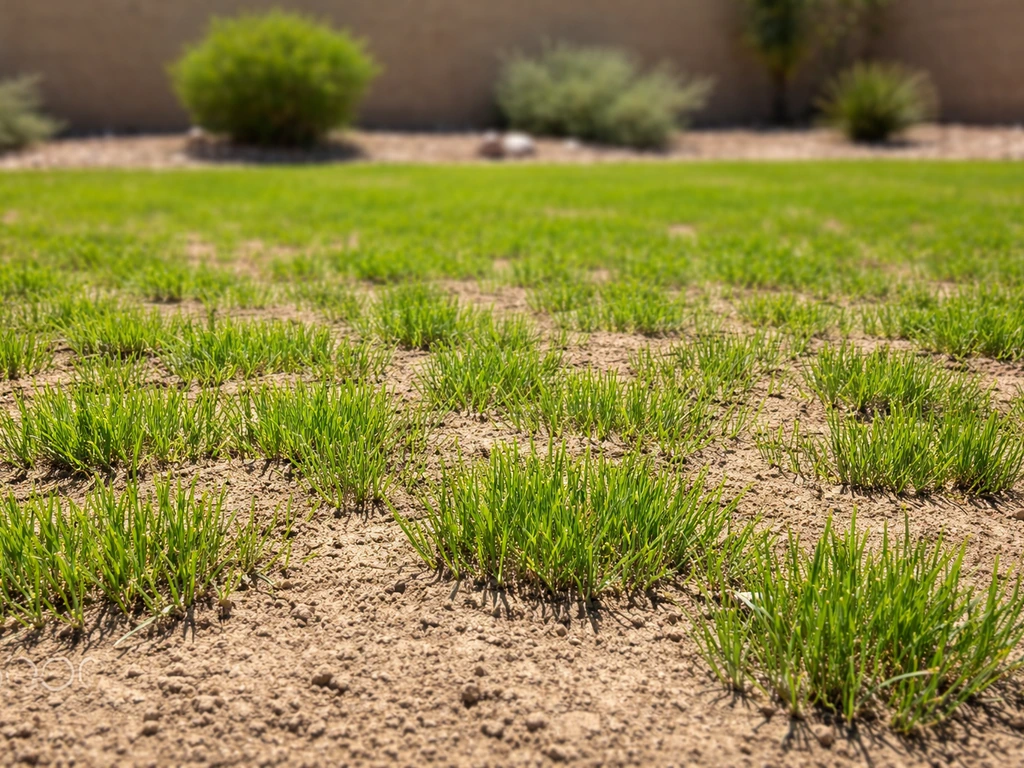 New Bermuda/Zoysia grass sprouts in an El Paso backyard under intense sun with desert landscaping in back