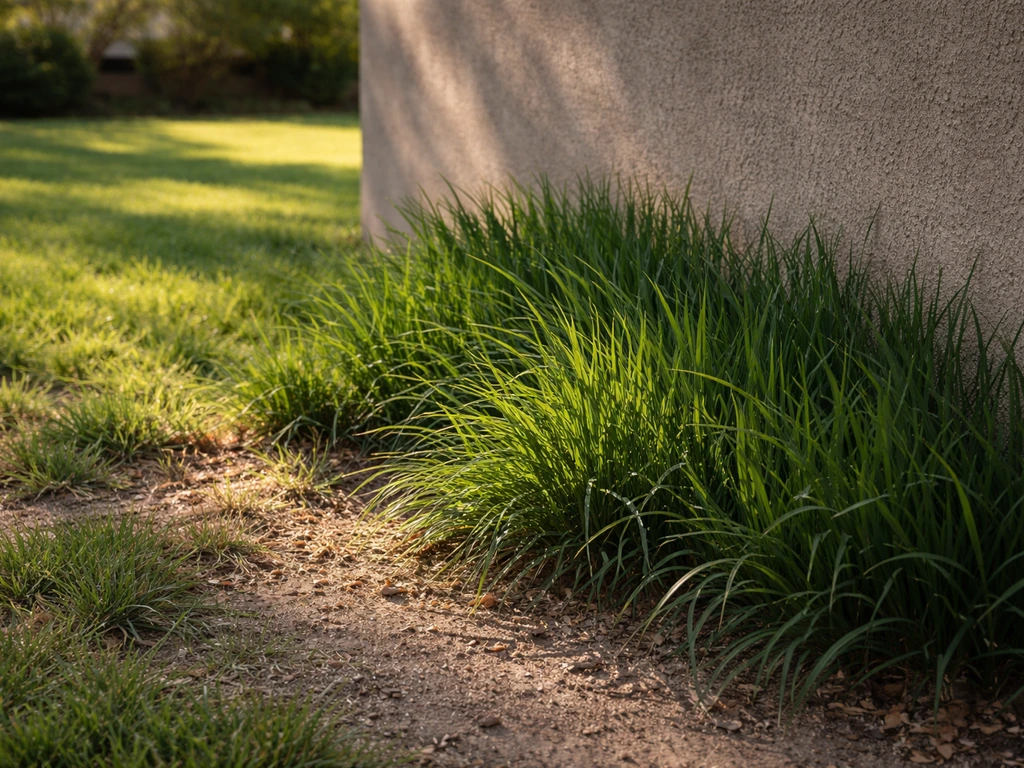 Tall fescue grass thriving in partial shade in an El Paso yard corner with thinner sun-exposed grass nearby.