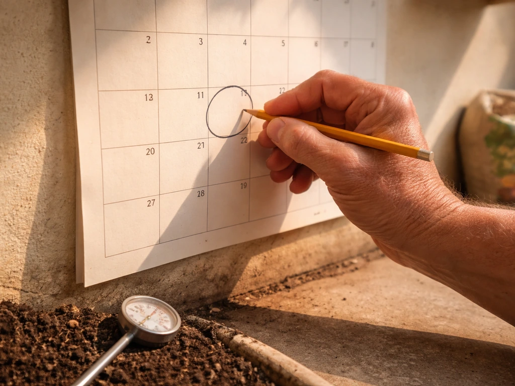 Anonymous hand marking a seeding window on a blank wall calendar beside a soil thermometer.