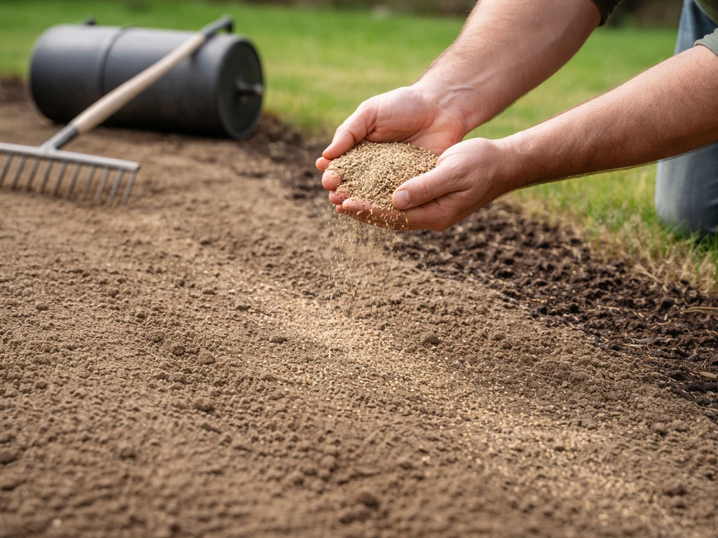 Hands spreading grass seed over a leveled, graded seedbed; lawn roller nearby with mulch visible.