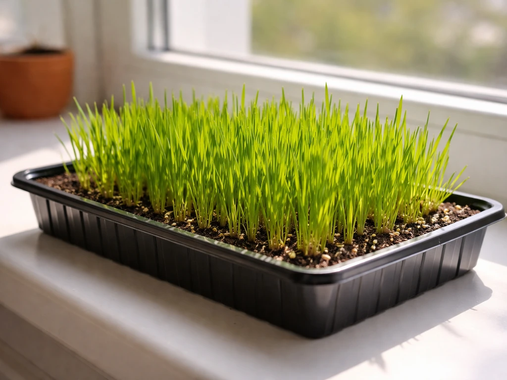 Indoor grass grow tray with fresh green blades on a bright windowsill, natural light.