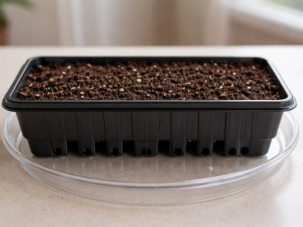 Shallow tray with drainage holes on a waterproof saucer, filled with soil just below the rim.