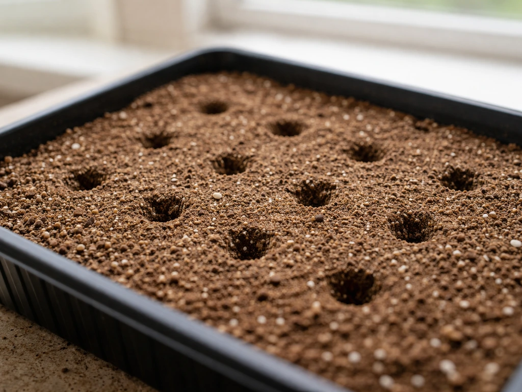 Close-up of a seed-starting tray with light potting mix and evenly spaced planting holes ready for sowing.