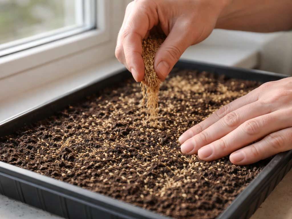 Hands sprinkling and gently pressing grass seed evenly into soil in an indoor seed tray.