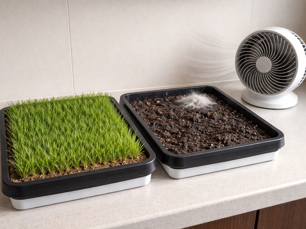 Indoor dog grass trays with a small fan; one healthy and one visibly moldy from overwatering.
