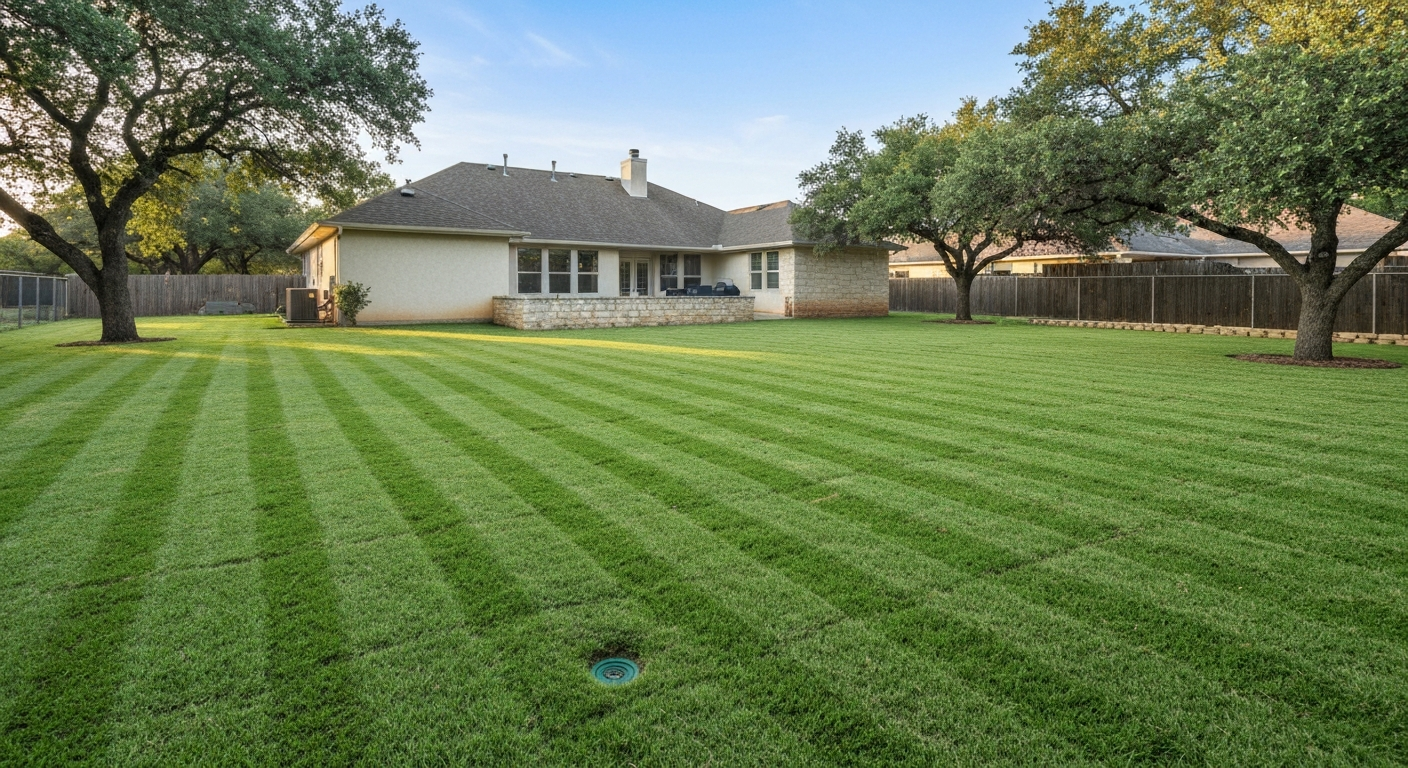 Sunlit San Antonio backyard with healthy Bermuda/Zoysia lawn, stucco house, and oak trees.