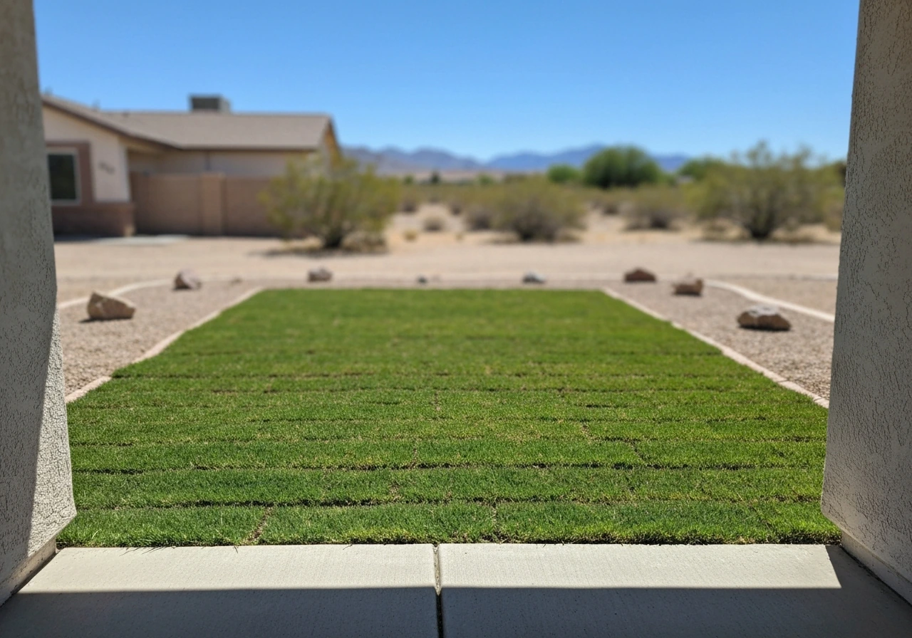 A sunlit Las Vegas front yard where new green grass grows against a dry Mojave desert backdrop.