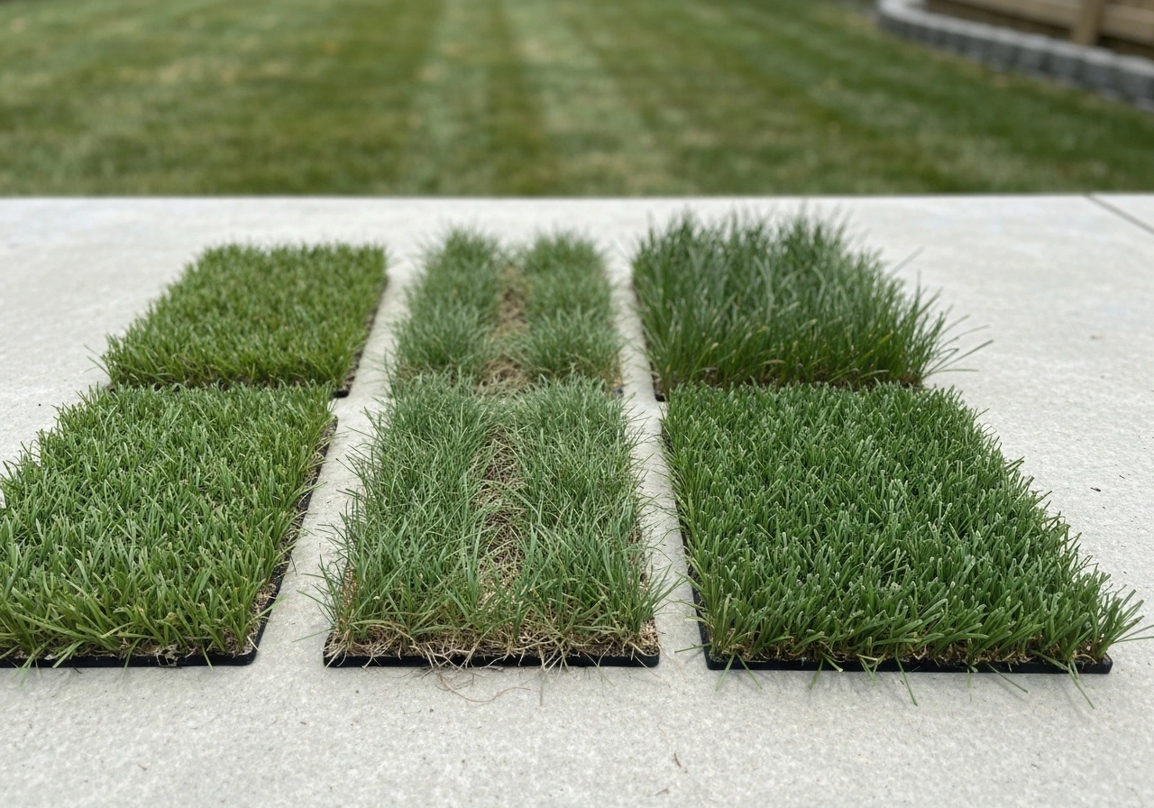Closeups of four turf types side by side: bermudagrass, zoysiagrass, tall fescue, and ryegrass