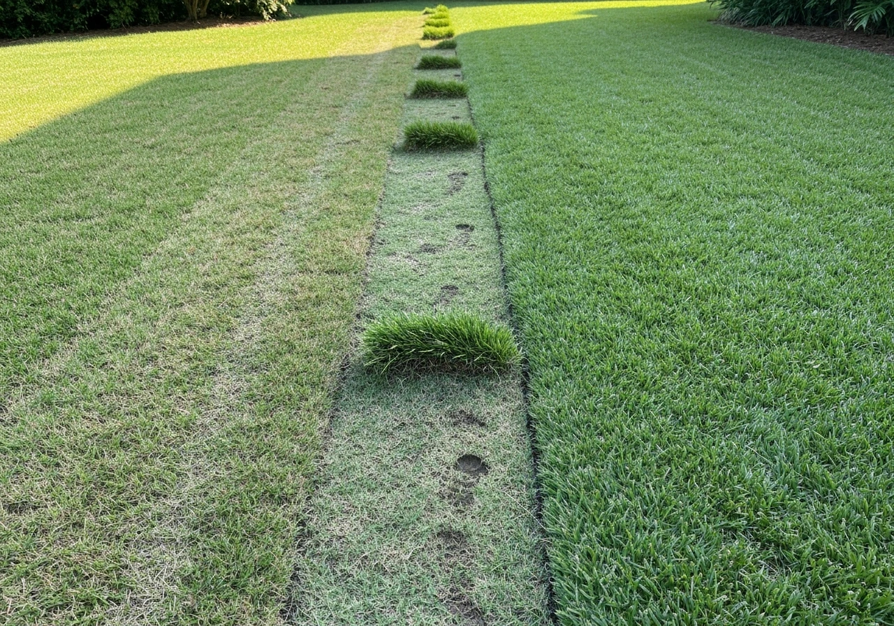 High-use lawn path showing a worn bermudagrass strip beside a denser zoysiagrass area