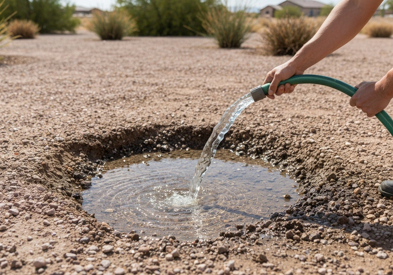 Hose water pooling in a low spot on compacted rocky Las Vegas soil, with darker damp ground nearby.