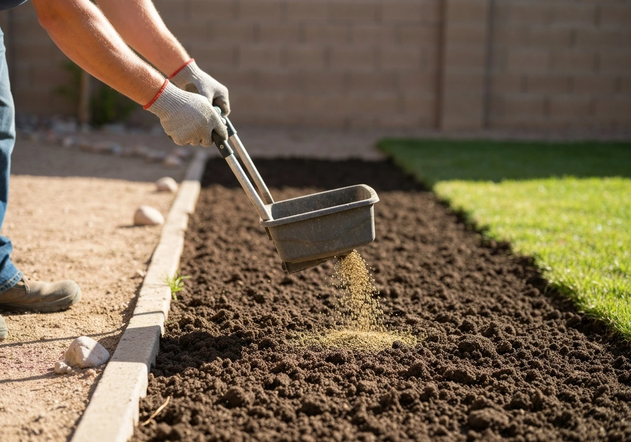 Gloved hands using a lawn spreader to broadcast grass seed onto freshly loosened soil.