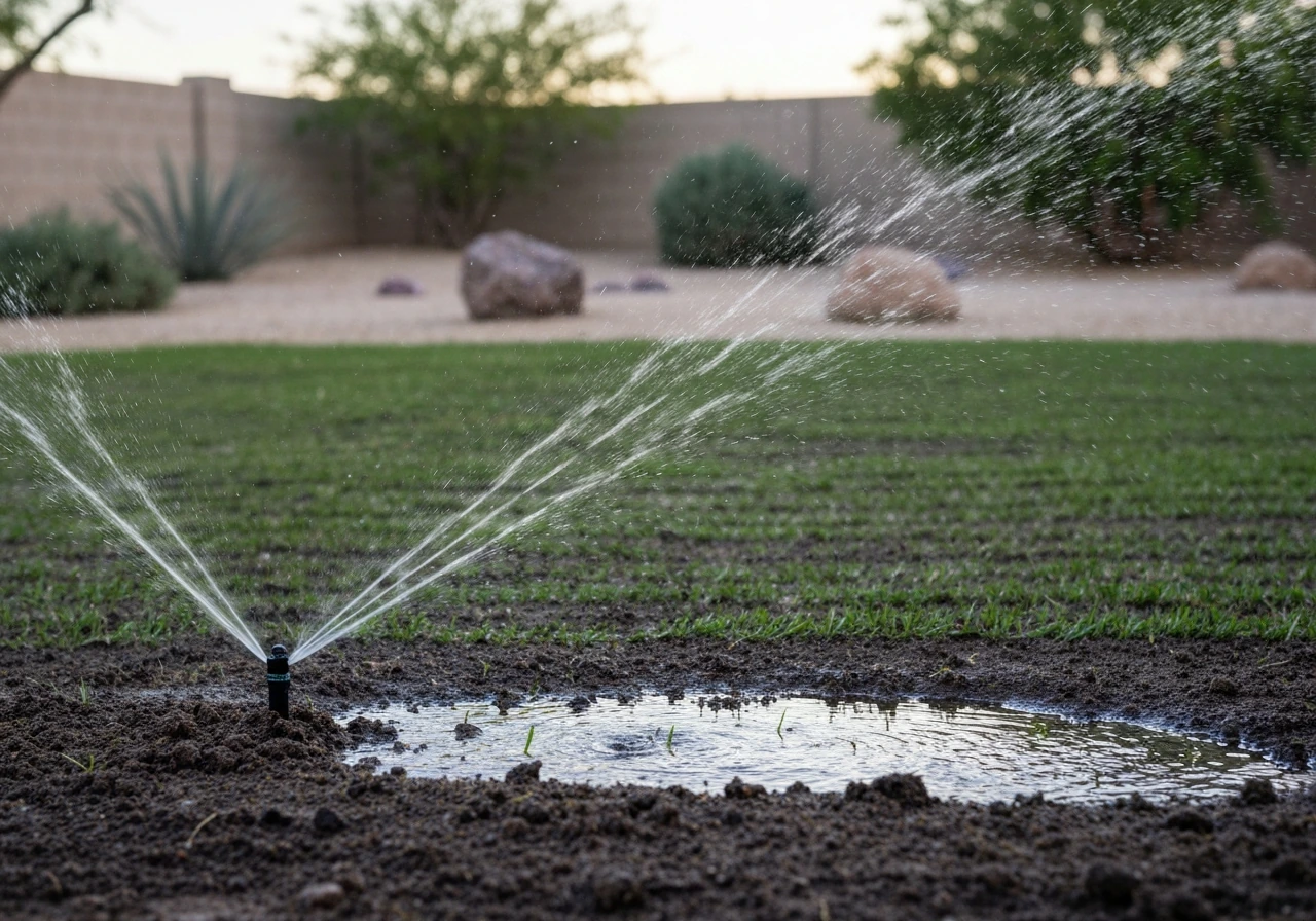 Sprinklers run over fresh grass seedbed with short, frequent watering in a quiet desert yard.
