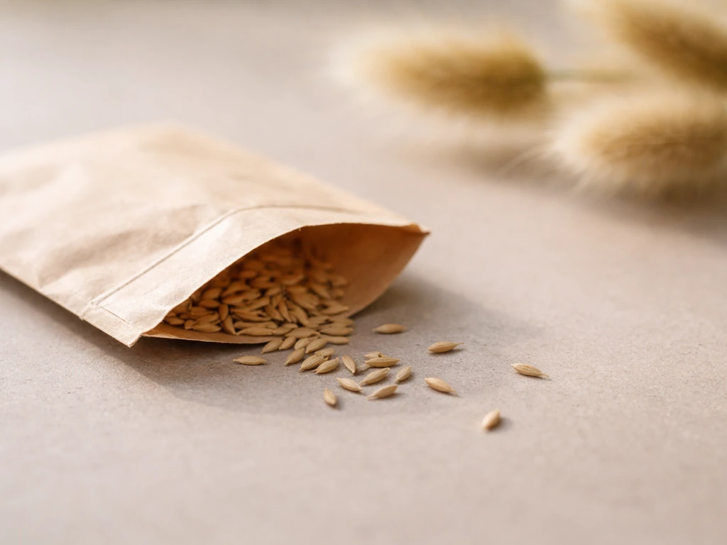 Close-up of bunny tail grass seeds and seed packaging texture, showing seed variety for Lagurus ovatus.