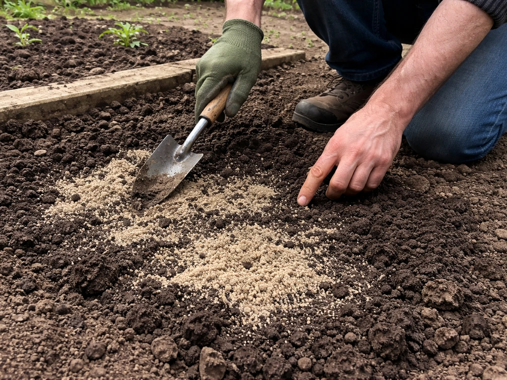Gardener kneels in a garden bed and mixes coarse sand into compacted soil to improve drainage.