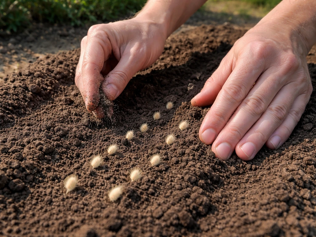 Hands placing bunny tail grass seeds into prepared garden soil under full sun