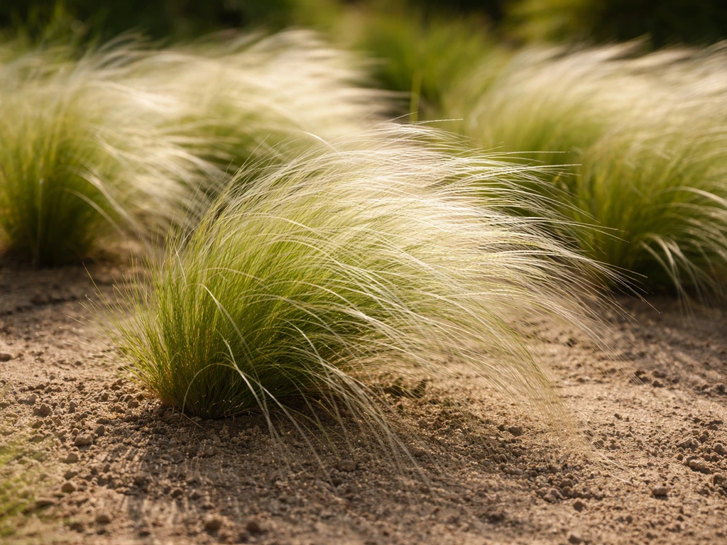 Silvery Mexican feather grass clumps with fine hair-like blades in bright full sun.