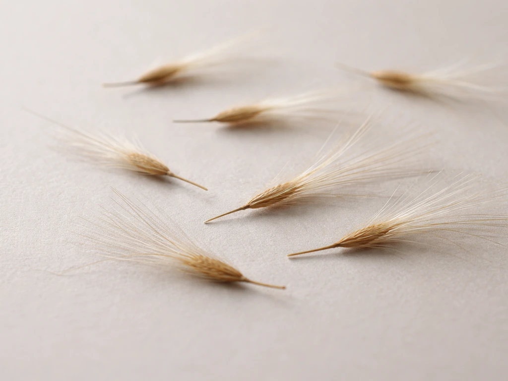 Close-up of Mexican feather grass seed showing narrow, elongated, feathery grains on a neutral surface.