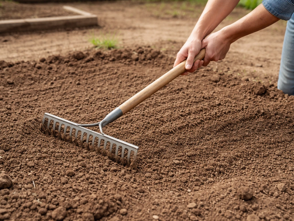 Person raking a small garden bed with visible loose soil for drainage, after clearing debris.